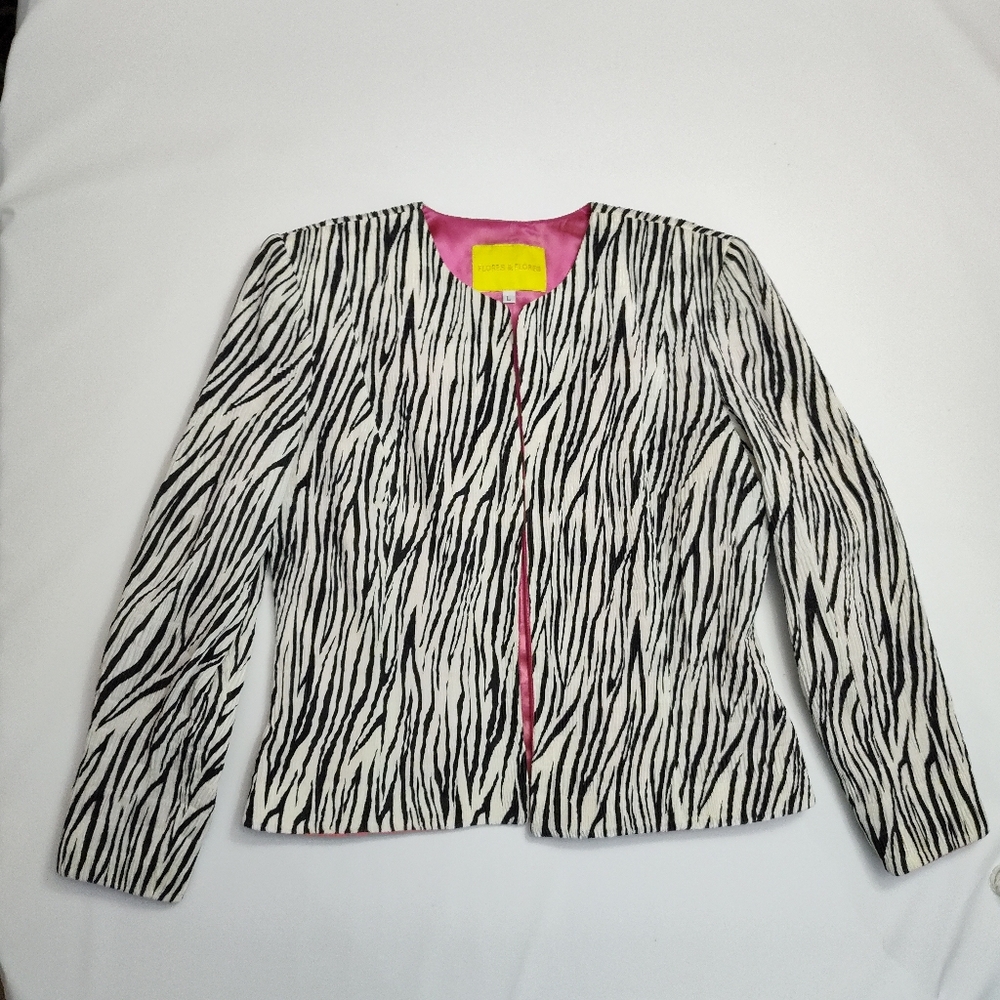 Flores & Flores Zebra Print Faux Smocked Blazer w/ Pink Lining Women's Size Lg